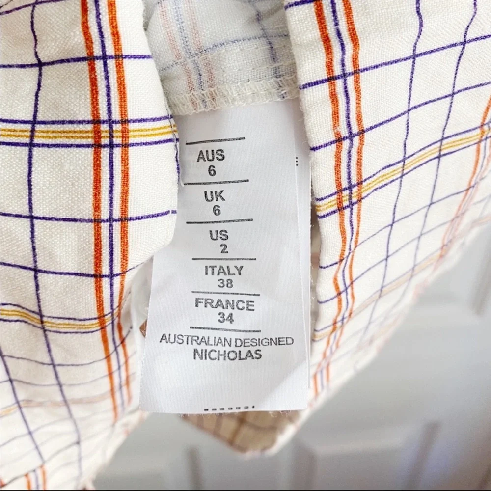 Nicholas Plaid Button Front Puff Sleeve Mini Dress Linen Blend Cream Red Size 2 - Picture 7 of 12